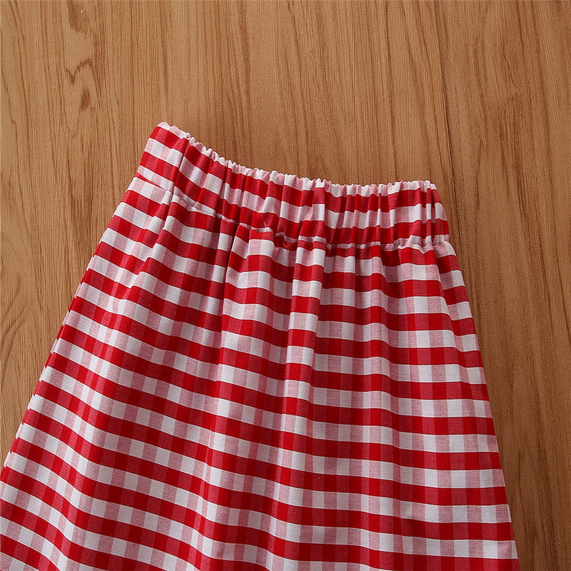 Toddler Kids Girls Solid Lace Suspender Plaid Skirt Set Wholesale Girls Dresses - PrettyKid