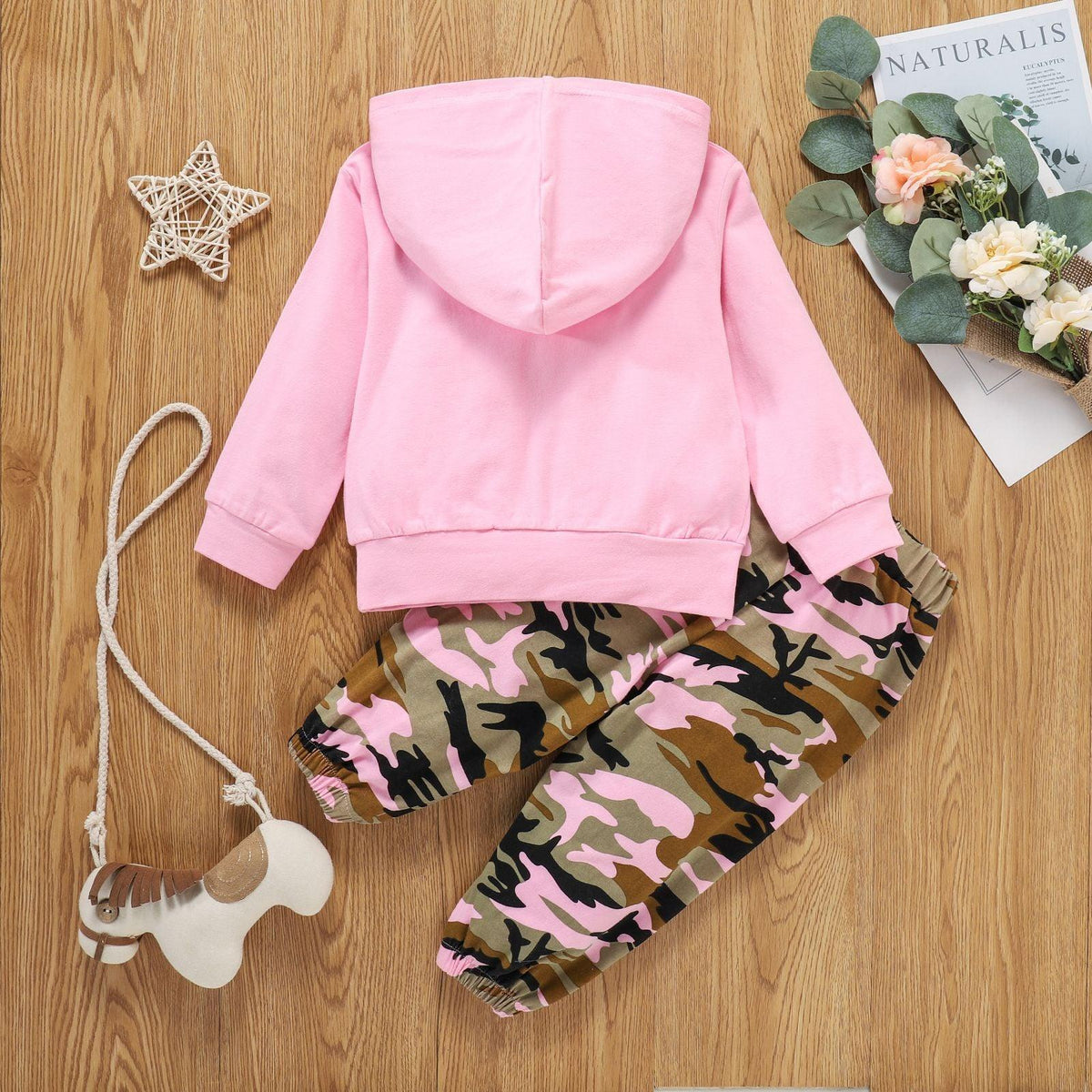 Toddler Girls Pink Hooded Long Sleeve Top Camouflage Print Pants Set - PrettyKid