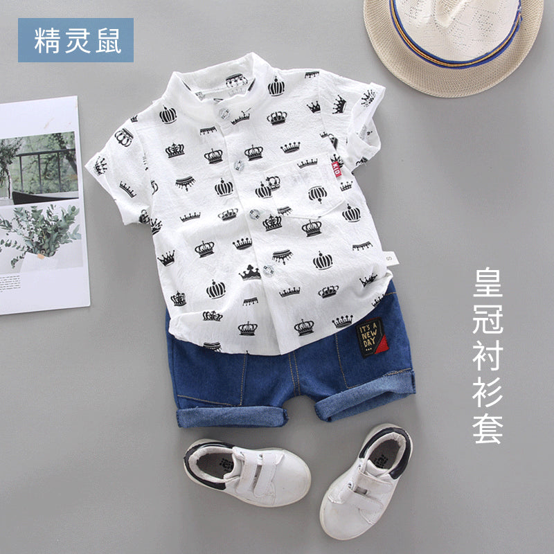 Children's Clothing Individuality Creativity Two-piece Boy's Crown Shirt Short-sleeve Suit