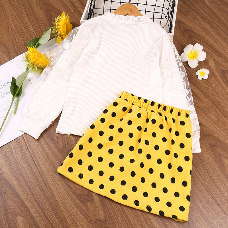 Toddler Kids Girls Solid Color Lace Long Sleeve Top Polka Dot Print Short Skirt Set - PrettyKid