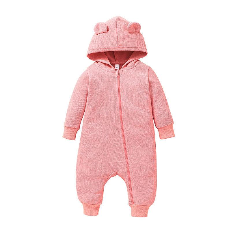 Baby Girls Solid Color Cute Cartoon Bear Zipper Hoodie Jumpsuit - PrettyKid