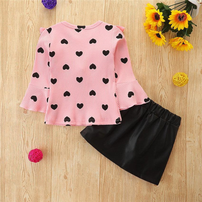 Toddler Kids Girls' Solid Color Love Printed Trumpet Sleeve Top PU Leather Skirt - PrettyKid