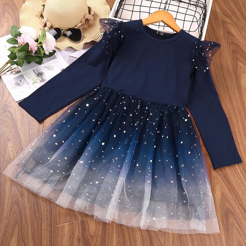 Toddler Kids Girls Gradient Star Mesh Long Sleeve Dress - PrettyKid