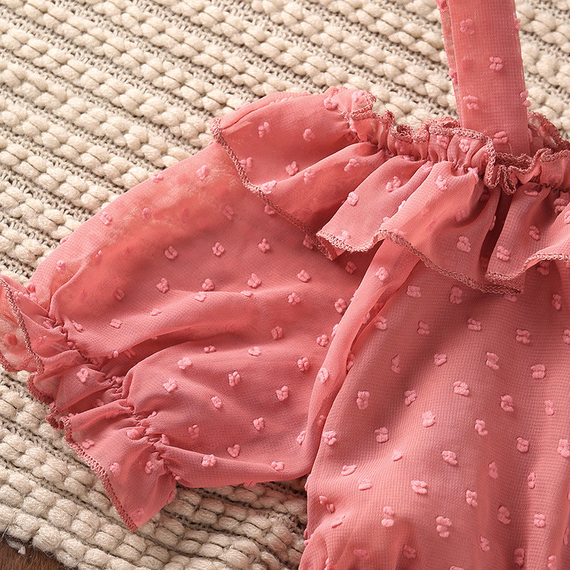 Children Summer Solid Dot Embroidered Ruffle Stitched Suspender Short Sleeved Dress - PrettyKid