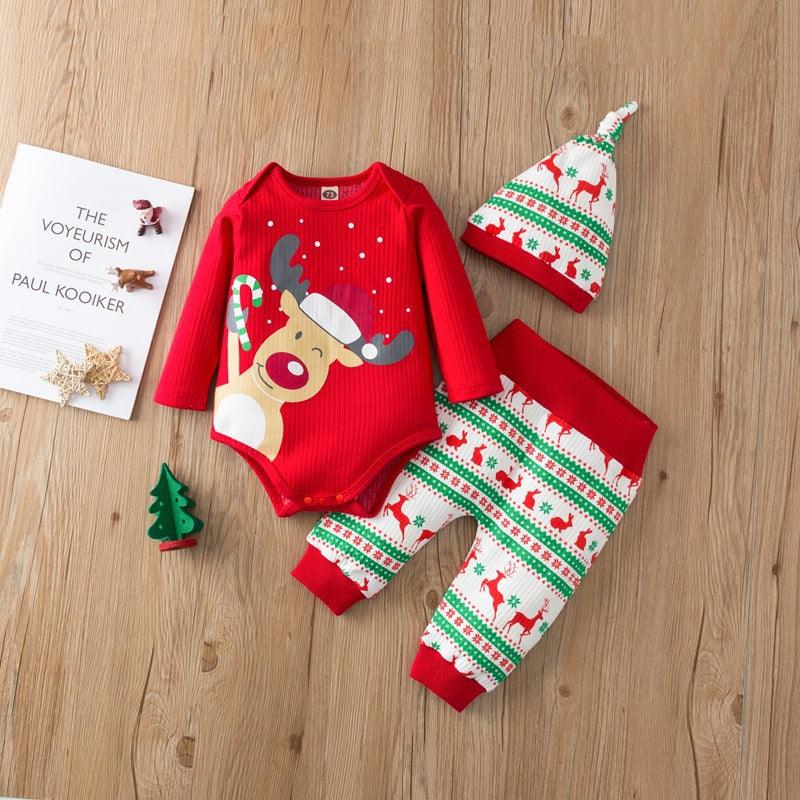 Baby Christmas Suit Long Sleeve Jumpsuit Long Pants Hat Three Piece Set - PrettyKid