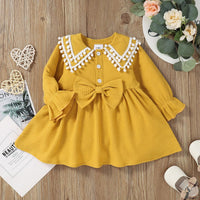 Toddler Kids Girl Solid Lovely Bow Long Sleeve Dress - PrettyKid