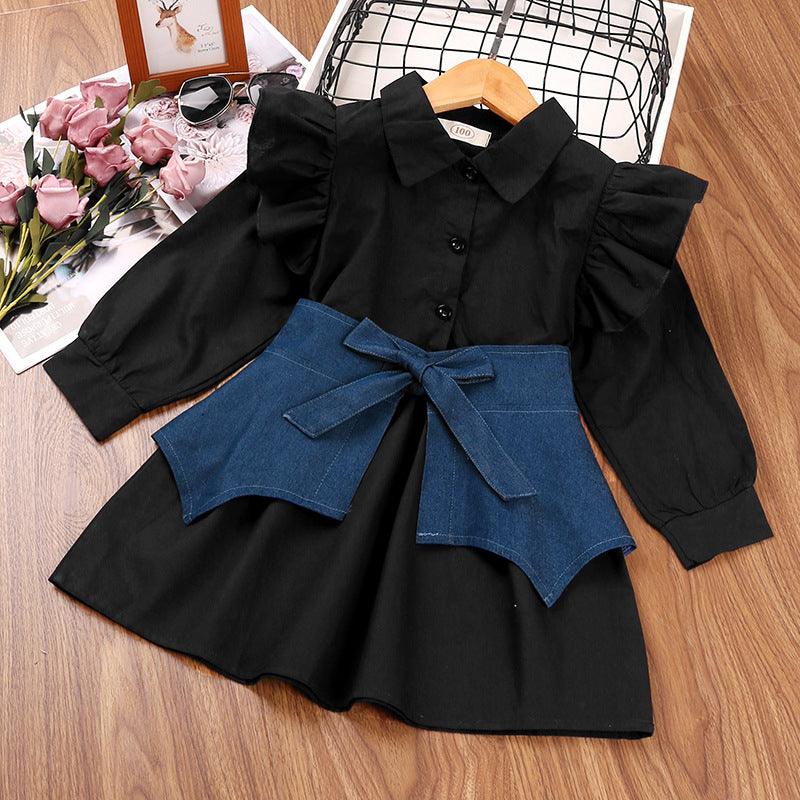 Toddler Kids Girls Solid Lace Long Sleeve Dress Bow Denim Waist Set - PrettyKid