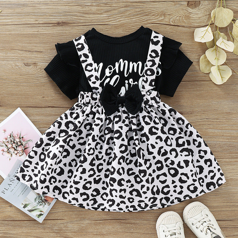 Toddler Kids Girls Solid Letter Print Short Sleeve T-shirt Leopard Print Bow Strap Skirt Set - PrettyKid