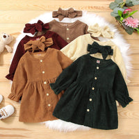 Toddler Kids Girls Solid Color Long Sleeve Button Dress Hairband Two Piece Set - PrettyKid