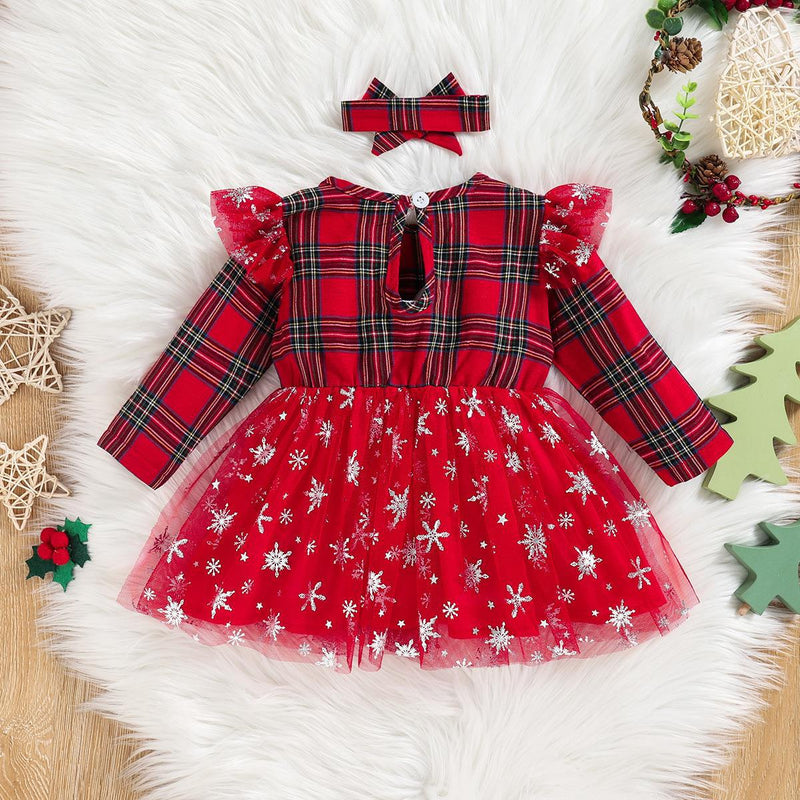 Baby Girls Plaid Letter Snowflake Mosaic Mesh Scarf Christmas Dress - PrettyKid