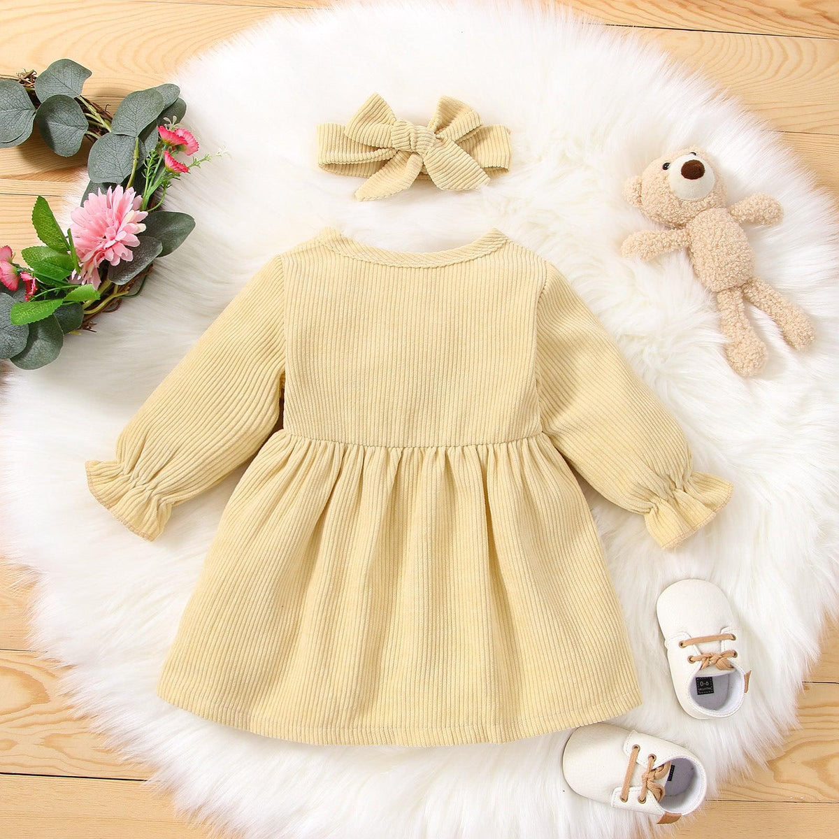 Toddler Kids Girls Solid Color Long Sleeve Button Dress Hairband Two Piece Set - PrettyKid