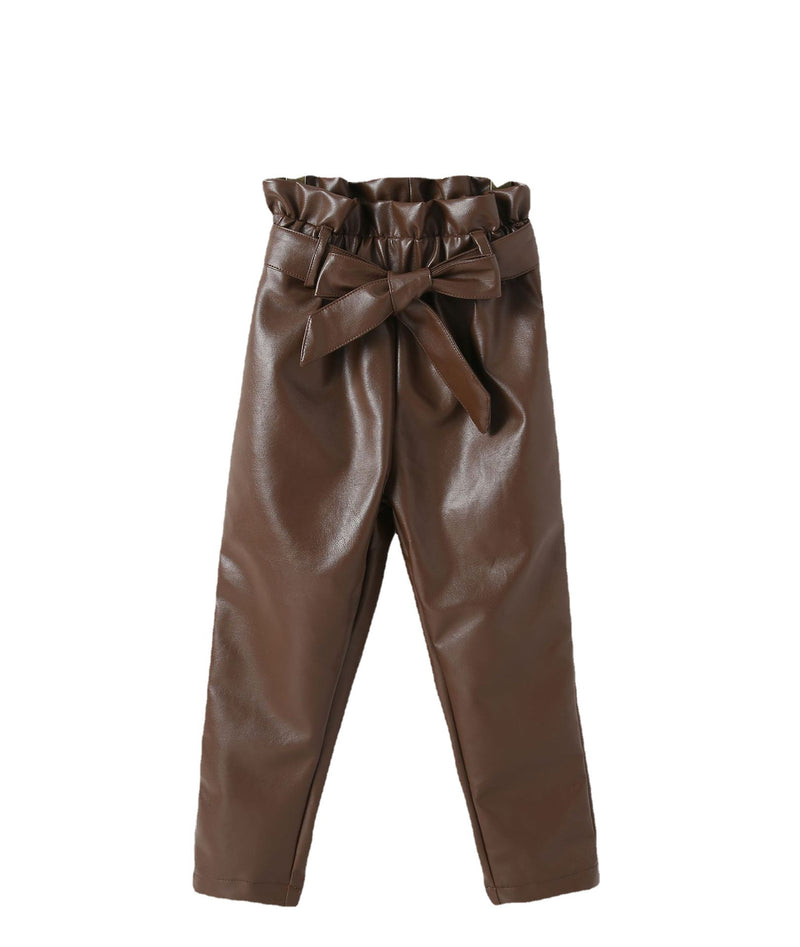 Girls' Autumn and Winter PU Leather Trousers, Solid Trousers, Including Belt - PrettyKid