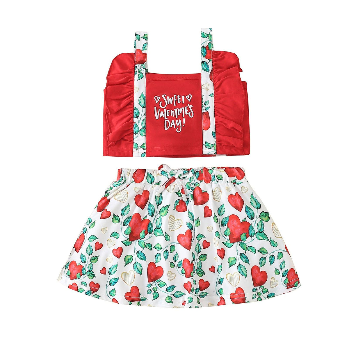 Toddler Kids Girl Solid Letter Love Printing Suspender Top Short Skirt Valentine's Day Set - PrettyKid