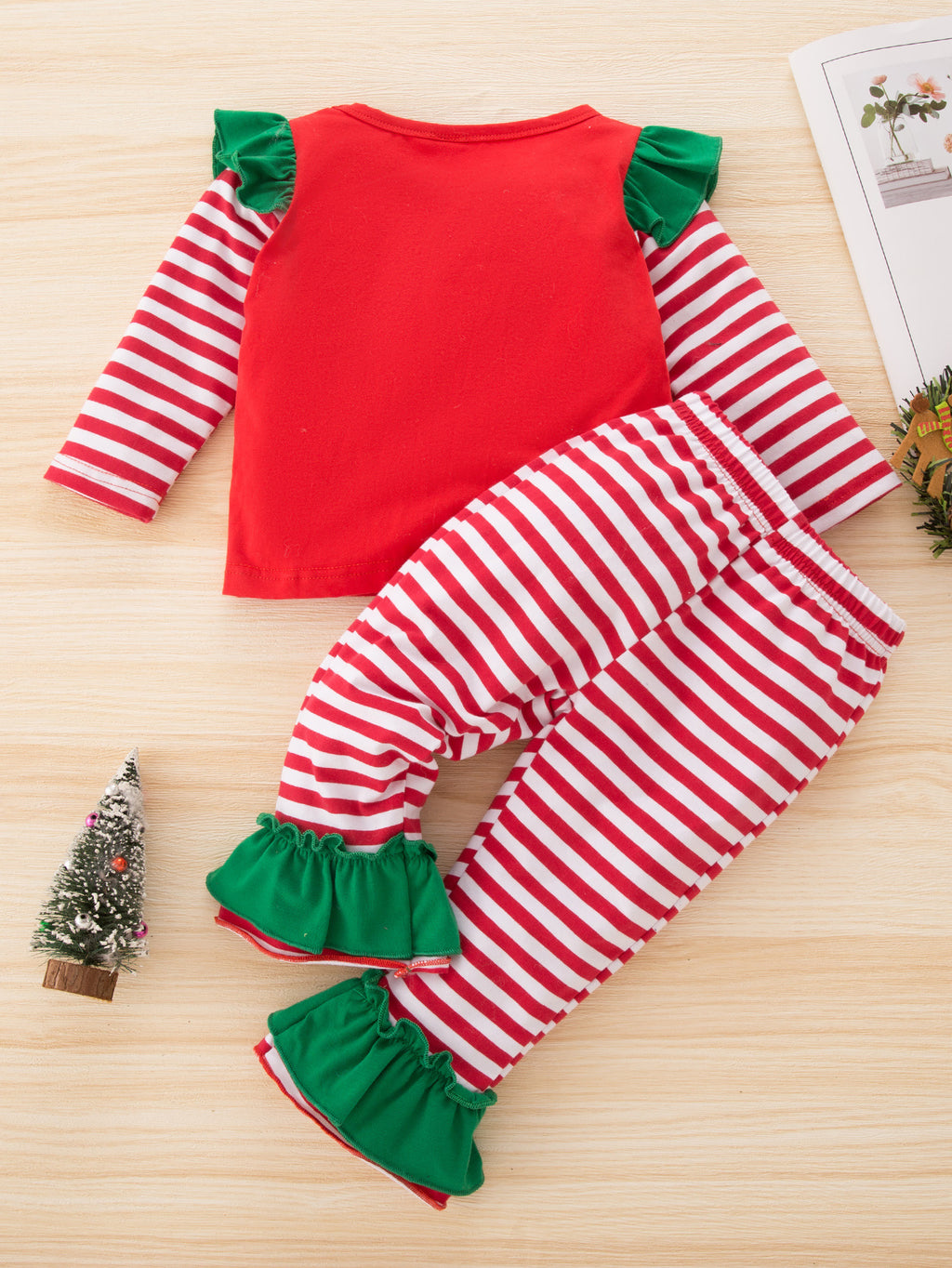 Children's Girls' Letter Printed Ruffle Stripe Long Sleeve Christmas Suit - PrettyKid