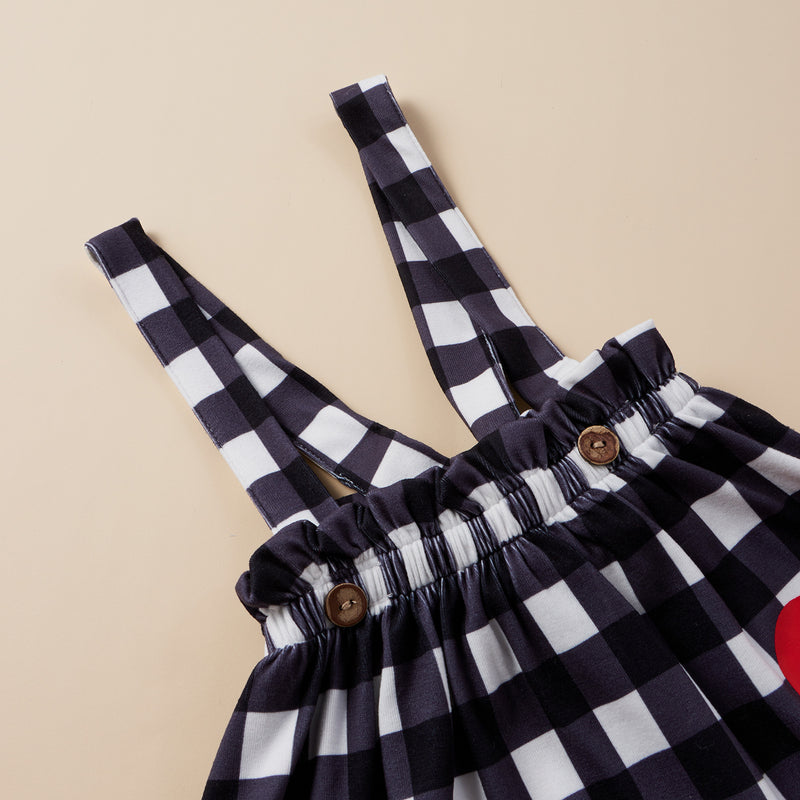 Toddler Kids Girl Red Round Neck Long Sleeve Top Plaid Love Printed Suspender Skirt Set - PrettyKid