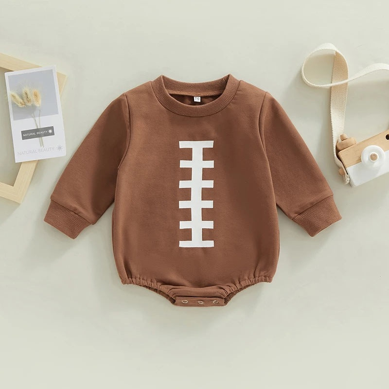 Baby Kids Long-sleeved T-shirt Round Neck Print Pullover Solid Color Bodysuit Jumpsuit - PrettyKid