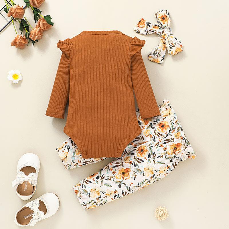 Baby Girls Solid Color Long Sleeve One-piece Printed Pants Set - PrettyKid