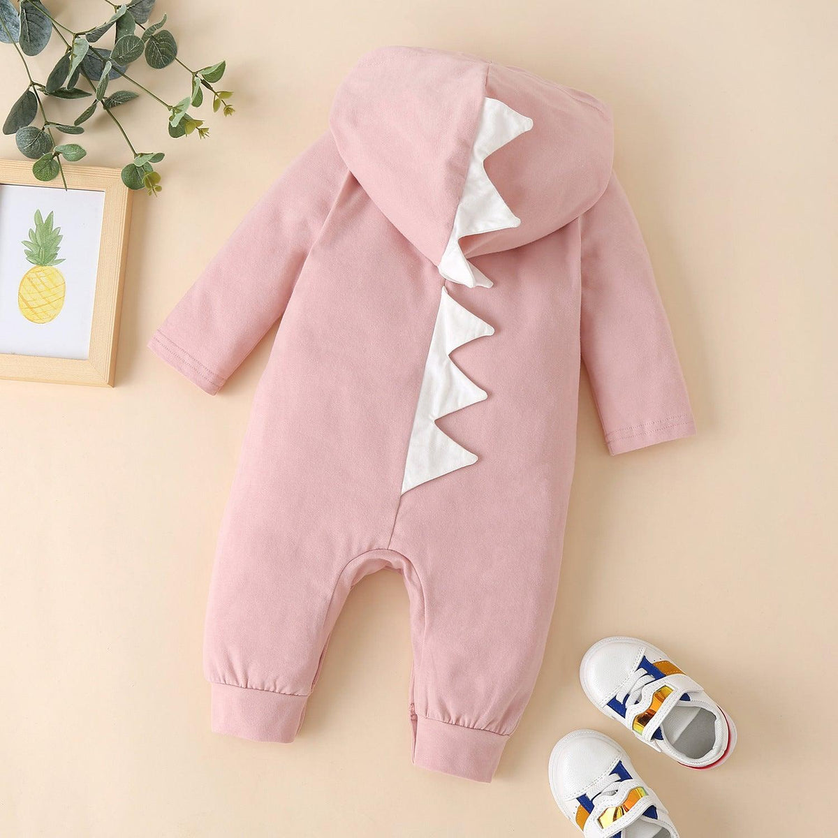 Autumn Winter Baby Solid Color Dinosaur Hooded Long Sleeve Jumpsuit - PrettyKid