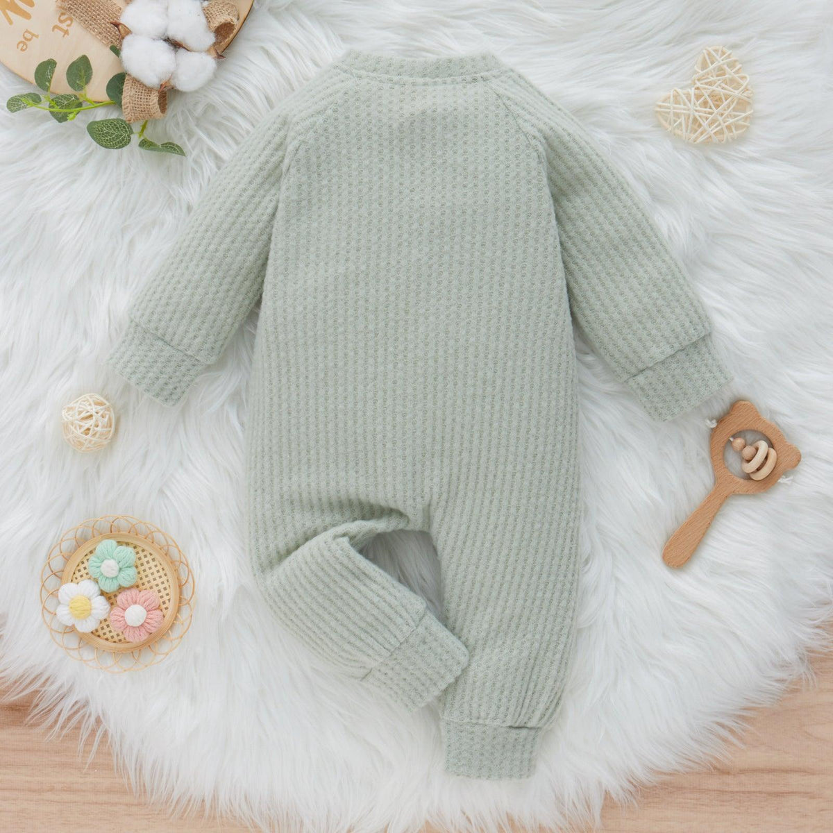 Baby Boys Girls Solid Color Waffle Fleece Warm Long-sleeved Jumpsuit - PrettyKid