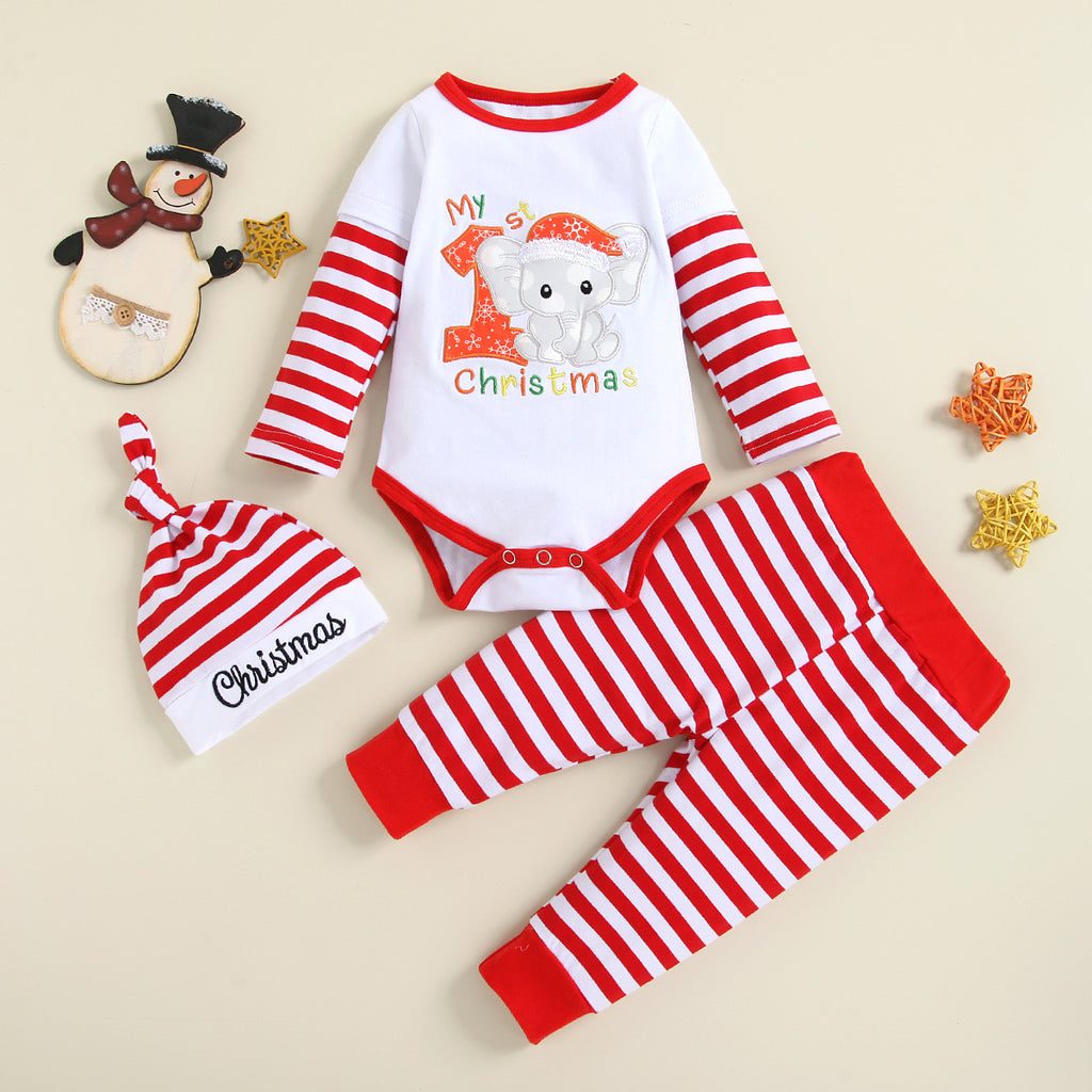 Toddler Kids Long Sleeved Jumpsuit Striped Trousers Three Piece Christmas Suit - PrettyKid