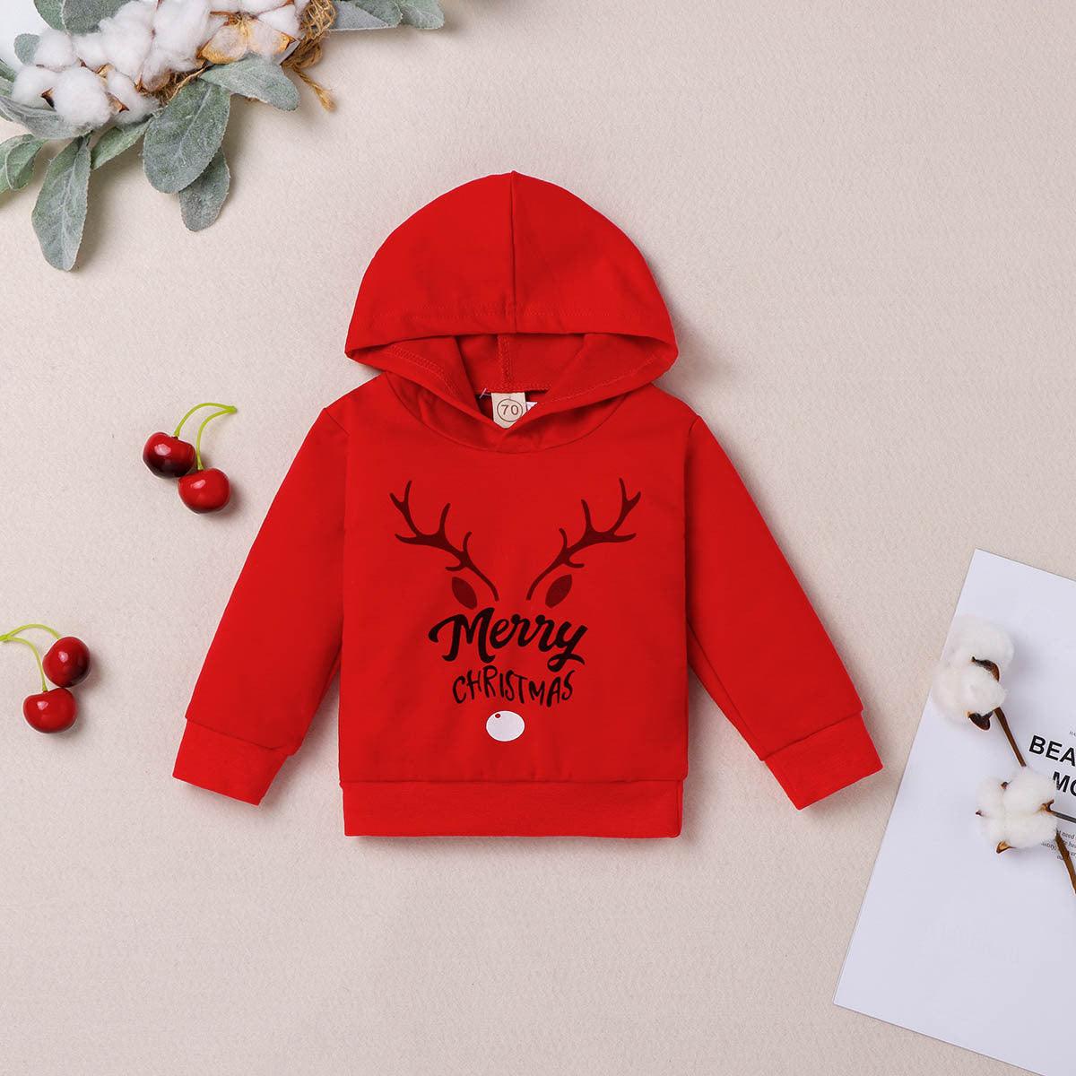 Toddler Kids Boys Girls Solid Christmas Elk Letter Print Hoodie - PrettyKid