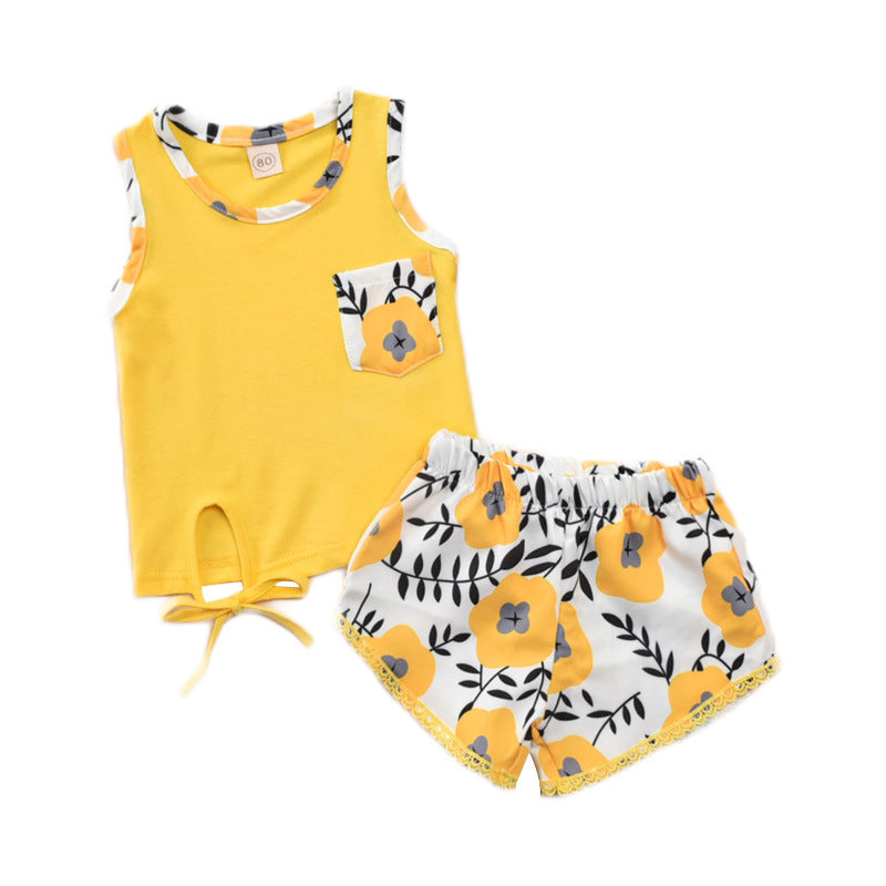 Toddler Girls Solid Sleeveless Vest Floral Print Shorts Set - PrettyKid