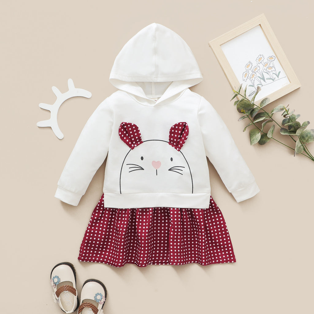 Toddler Solid Cartoon Rabbit Print Polka Dot Hooded Dress - PrettyKid