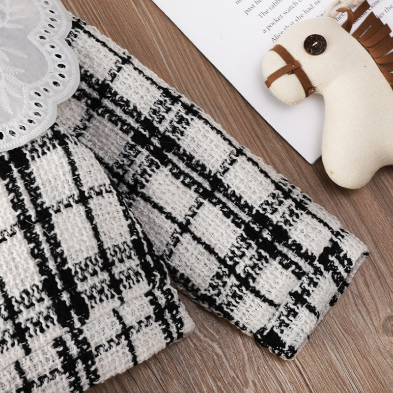 Toddler Kids Girls Black and White Plaid Printed Lace Top Skirt Set - PrettyKid