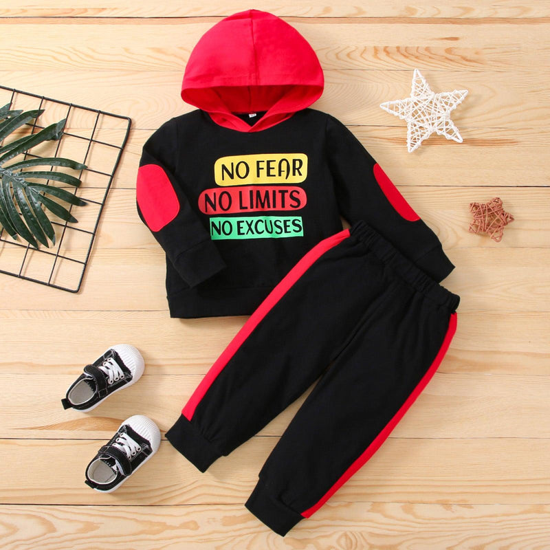 Toddler Kid Boys Solid Color Letter Print Color Blocking Hooded Sweatshirt Long Sleeve Suit - PrettyKid