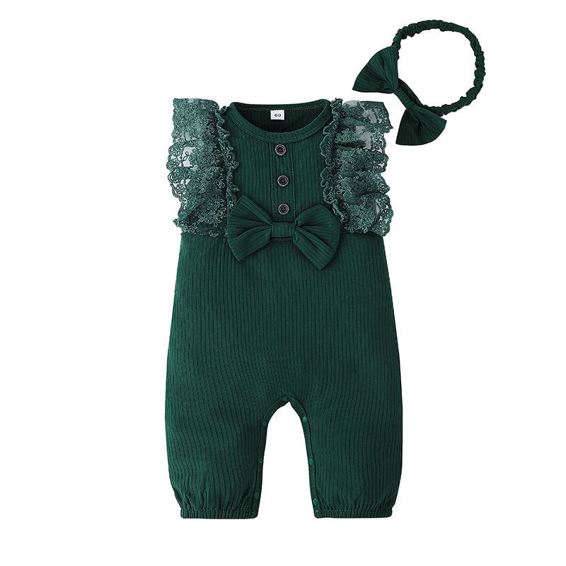 Baby Girls Solid Sleeveless Lace Patchwork Jumpsuit - PrettyKid
