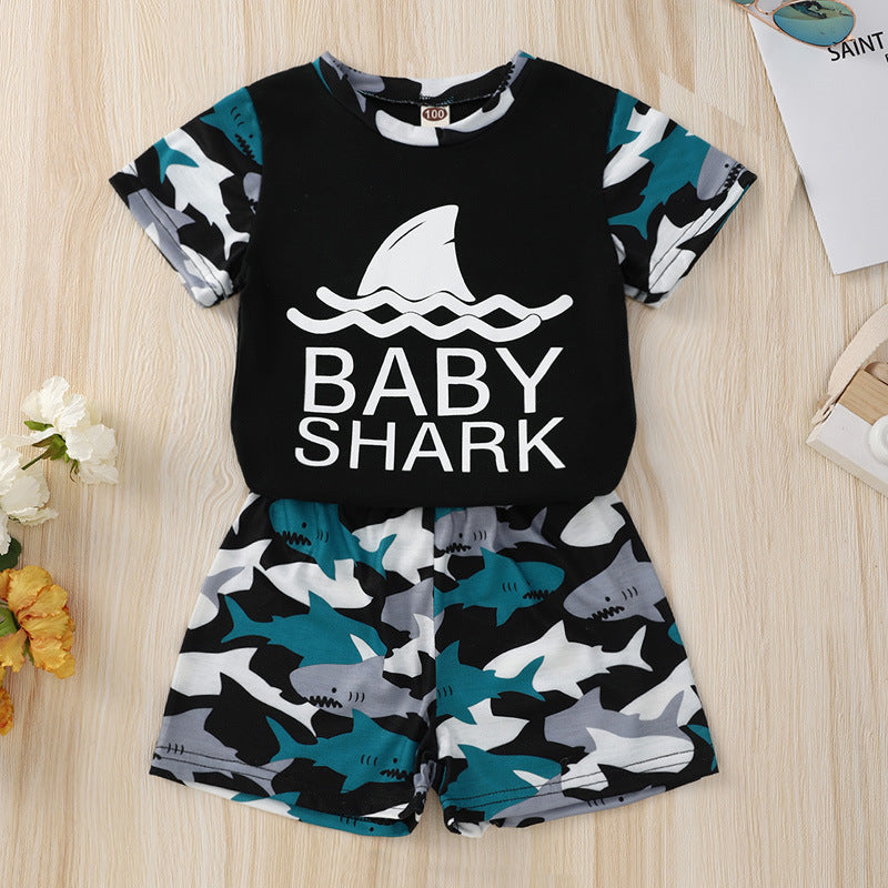 Toddler Kids Solid Shark Print Short Sleeve Set - PrettyKid
