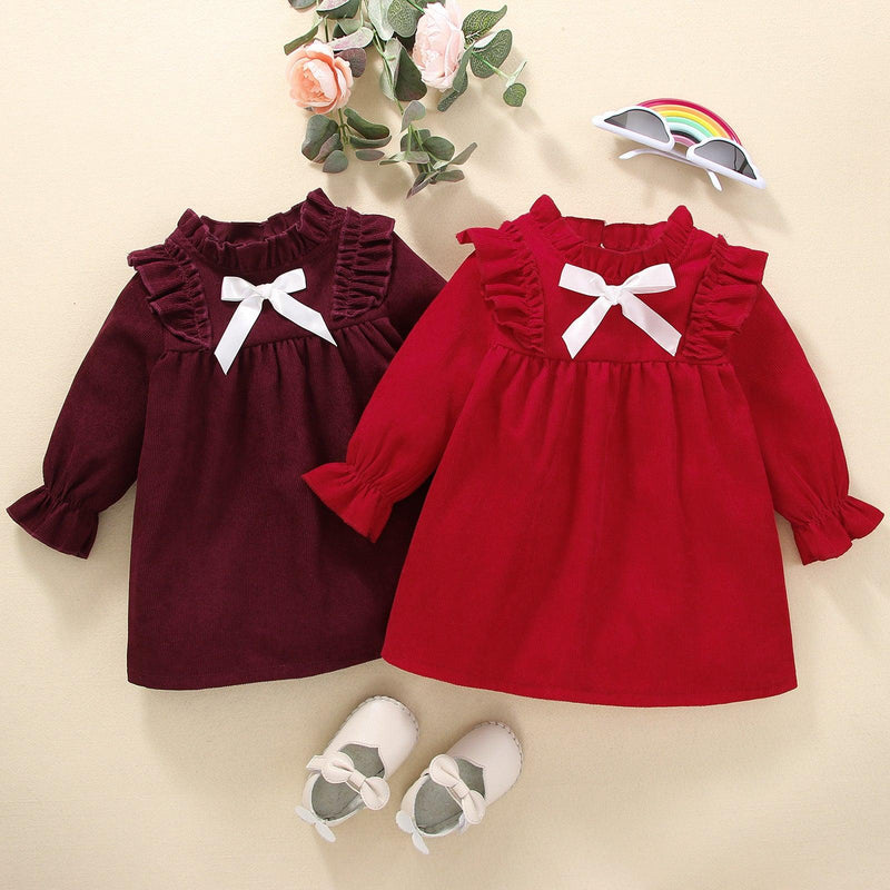 Toddler Girl Solid Ruffle Bow Long Sleeve Dress - PrettyKid