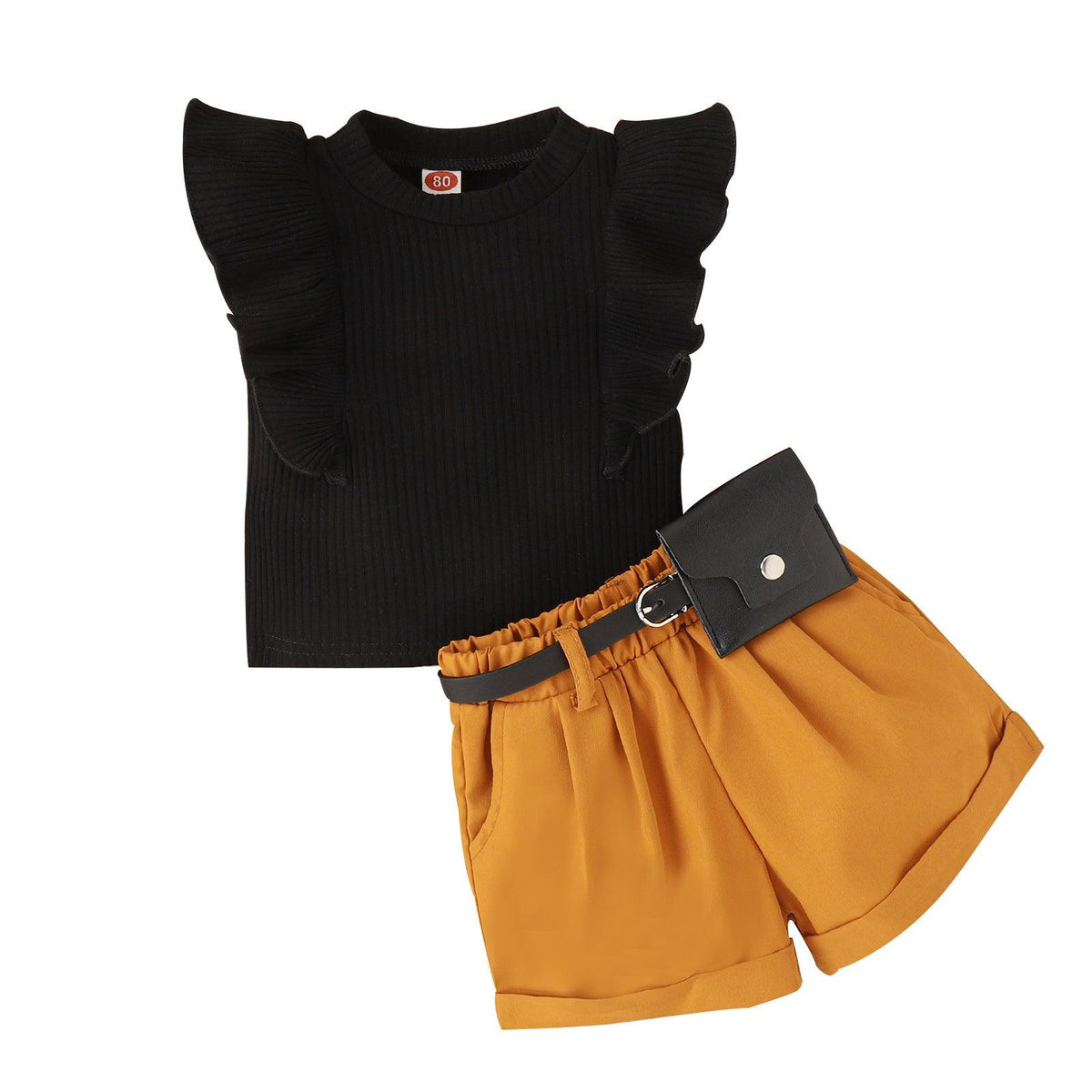 Spring and Summer Cotton Pit Strip Flying Sleeve Top Solid Color Shorts with Waist Bag Girls Suit