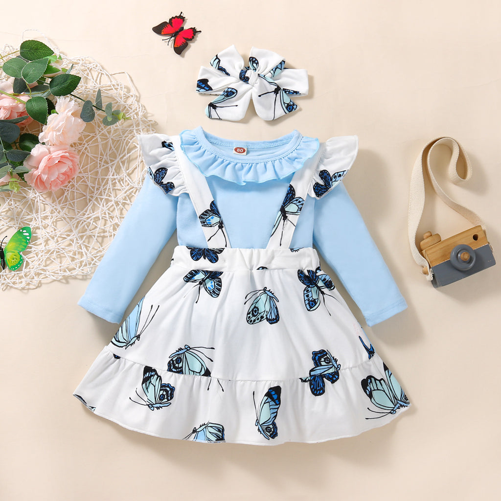 Baby Girls Solid Color Lace Neckline Jumpsuit Butterfly Print Straps Dress Headdress Three Pieces - PrettyKid