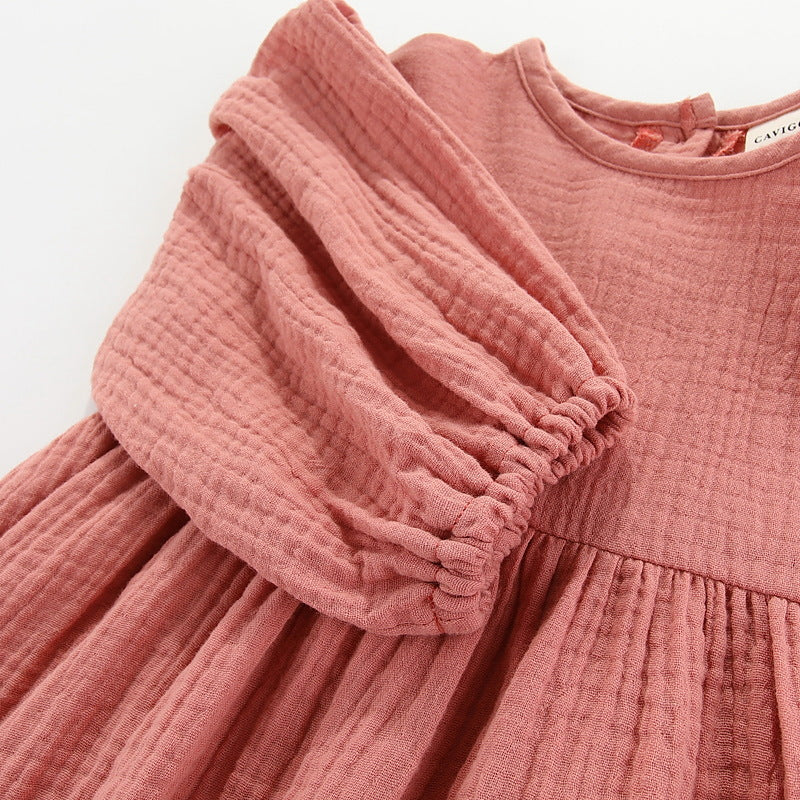 Autumn Toddler Kids Girls Cotton Linen Long Sleeve Solid Color Round Neck Dress - PrettyKid