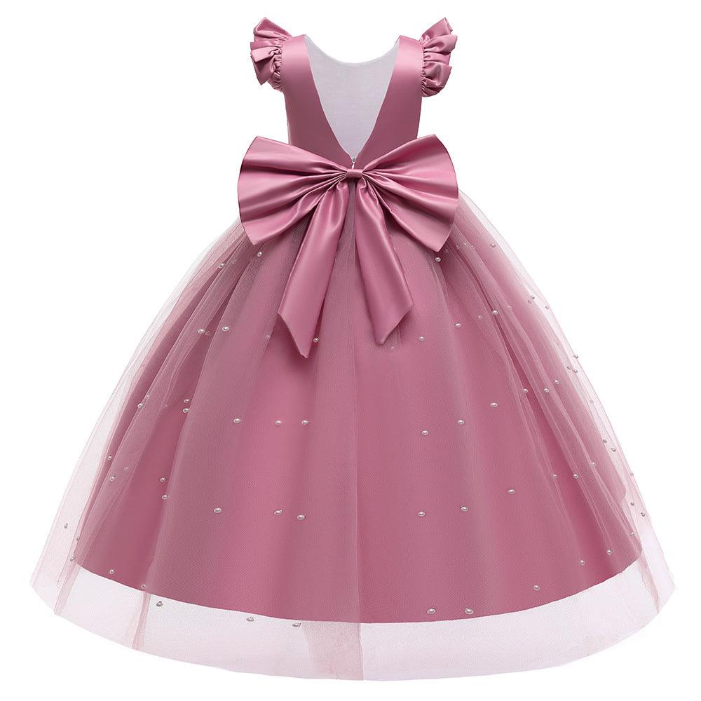 Toddler Kids Girls' Solid Color Satin Mesh Sleeveless Backless Bow Princess Dress - PrettyKid