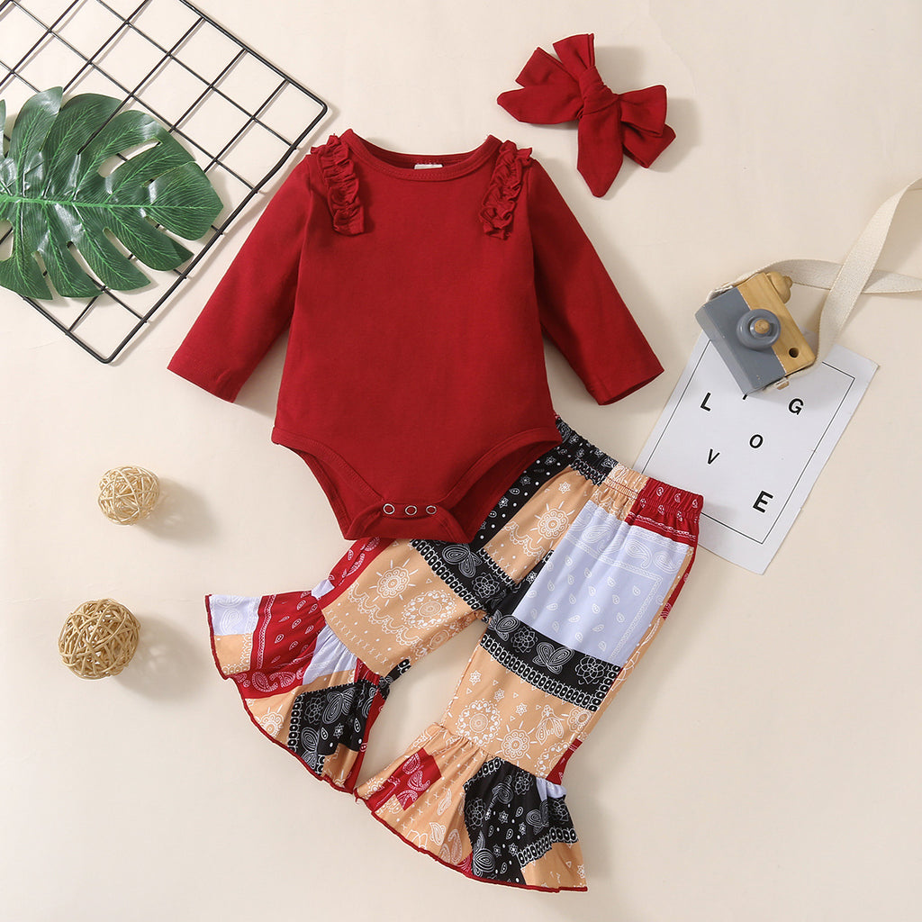 Baby Girls Solid Color Ruffle Neckline Long Sleeve Jumpsuit Splicing Pants Set - PrettyKid