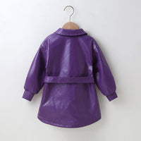 Children Girls Solid Color Lace Up Leather Jacket PU Leather Coat - PrettyKid