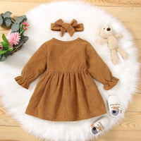 Toddler Kids Girls Solid Color Long Sleeve Button Dress Hairband Two Piece Set - PrettyKid