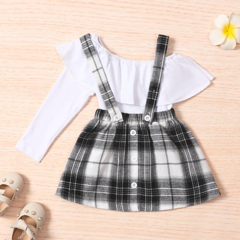 Toddler Girls Solid Long Sleeve Plaid Strap Skirt Wholesale Girls Dresses - PrettyKid