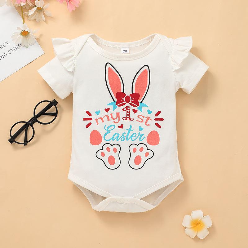 Baby Girl Solid Color Lovely Rabbit Short Sleeve One-piece Dress Printed Suspender Skirt Set - PrettyKid