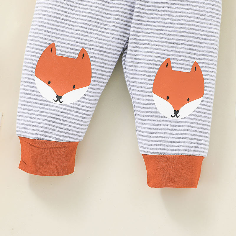 Baby Boys Girls Cute Fox Print Set Solid Color Letter Jumpsuit Striped Pants Two Pieces - PrettyKid