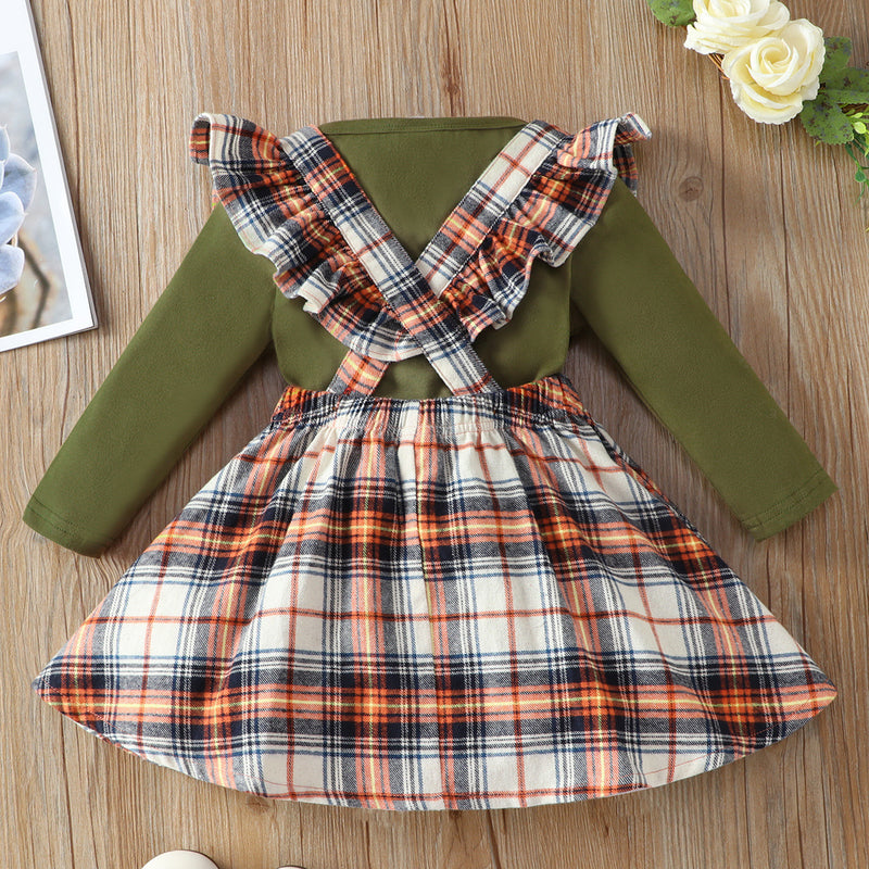 Toddler Girl Solid Color Long Sleeve Round Neck T-shirt Plaid Straps Skirt Set - PrettyKid