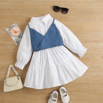 Toddler Kids Girls Solid Color Long-sleeved Splicing Petticoat Dresses Denim Camisole Undershirt Set - PrettyKid