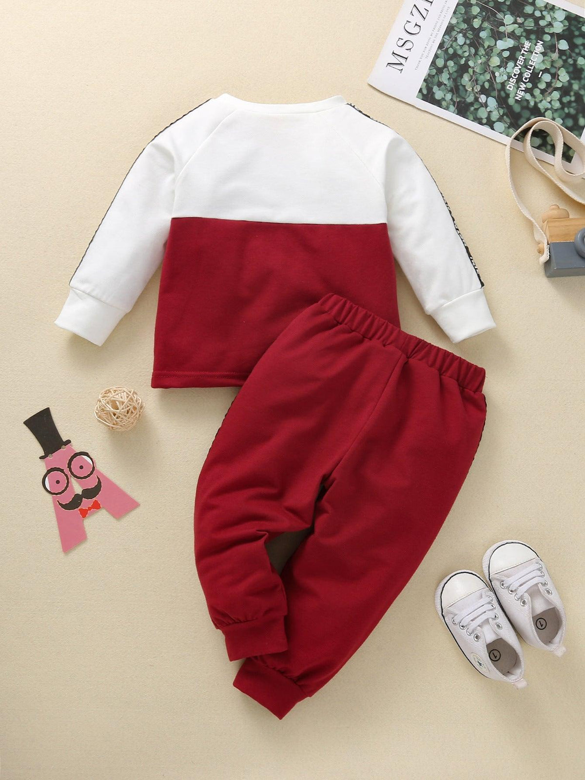 Toddler Boys Red and White Color Matching Ribbon Pullover Long Sleeve Set - PrettyKid