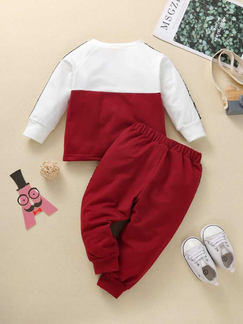 Toddler Boys Red and White Color Matching Ribbon Pullover Long Sleeve Set - PrettyKid