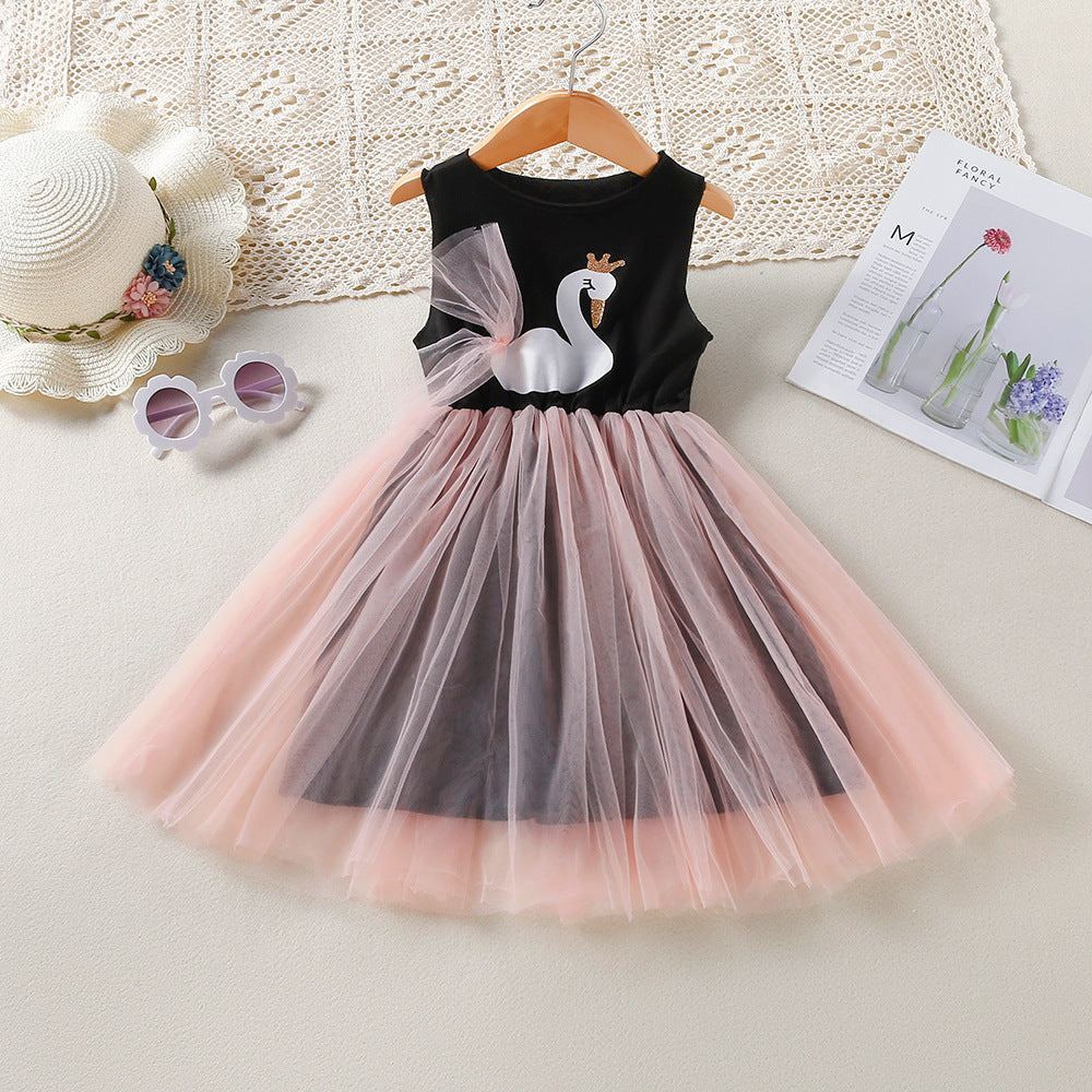 Toddler Kids Girls Summer Solid Color Cartoon Swan Print Sleeveless Mesh Stitched Vest Dress - PrettyKid