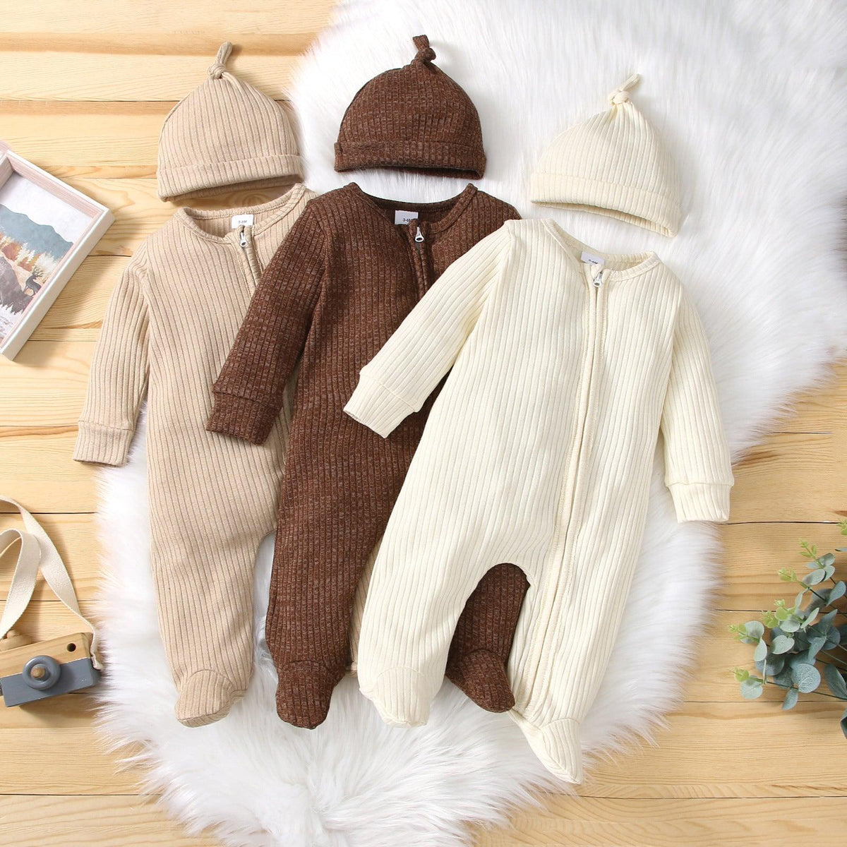 Baby Boys Girls Zipper Long Sleeve Foot Wrap One-piece Suit Hat Set - PrettyKid