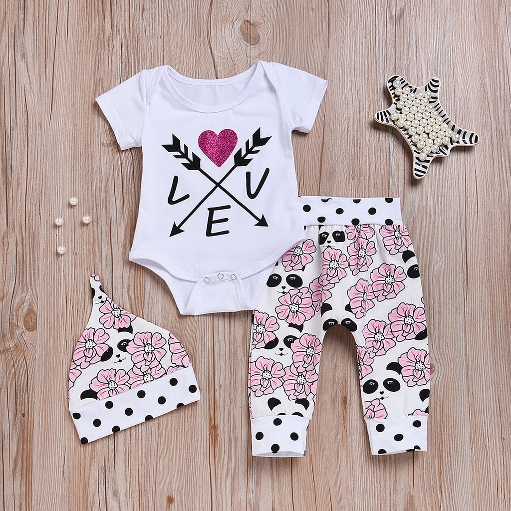 Baby Girls Solid Love Short Sleeve Romper Floral Print Pants Hat Set - PrettyKid