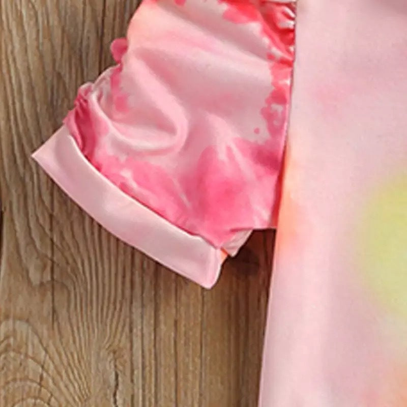 Toddler kids girls' tie dyed printed short-sleeved T-shirt denim shorts set - PrettyKid